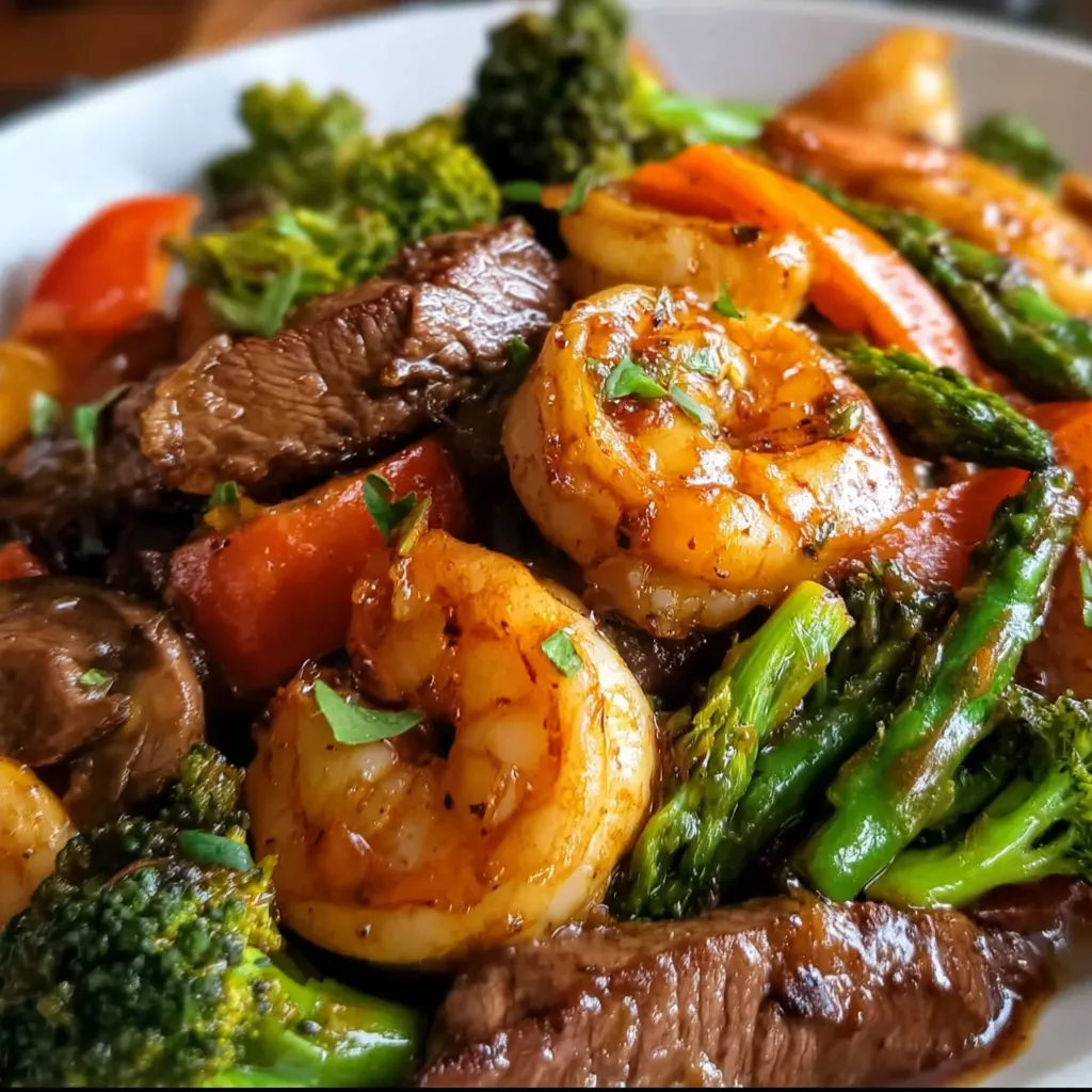 High-Protein Steak and Shrimp Stir-Fry with Fresh Vegetables and Savory Asian Sauce