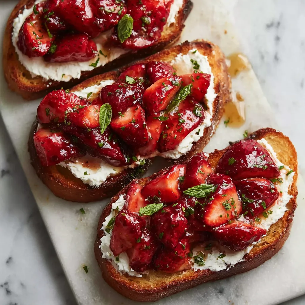 Elegant Roasted Strawberry Whipped Ricotta Toasts with Fresh Herbs and Honey Drizzle