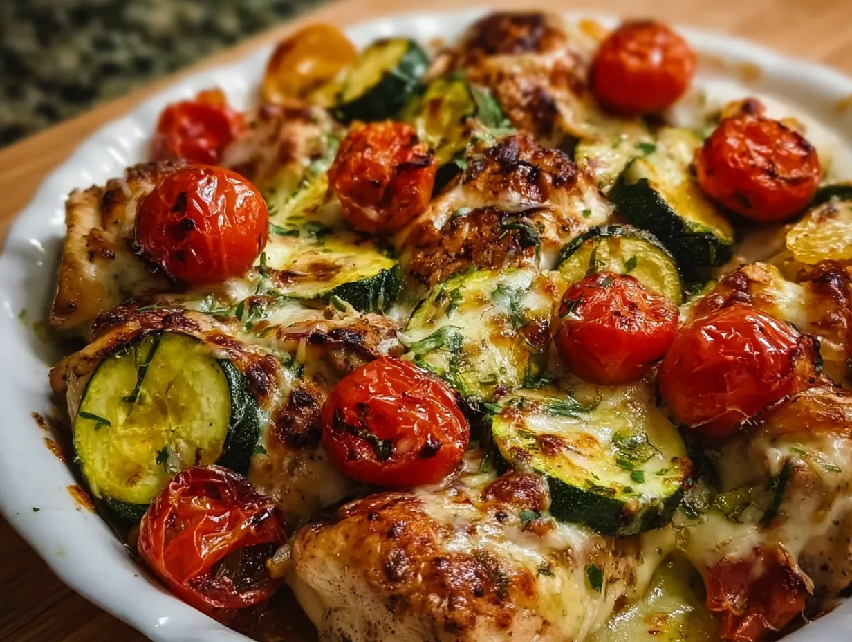 Mediterranean Chicken and Zucchini Bake with Feta, Olives and Fresh Herbs
