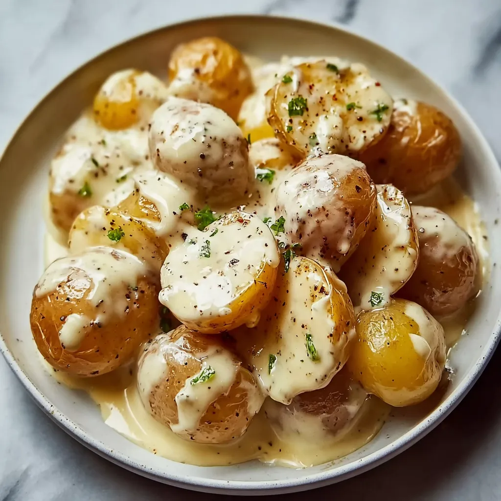 Creamy Garlic Sauce Baby Potatoes with Fresh Herbs and Parmesan