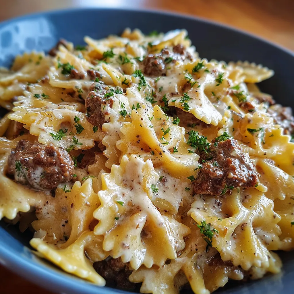 Creamy Beef and Bowtie Pasta with Mushrooms and Fresh Herbs