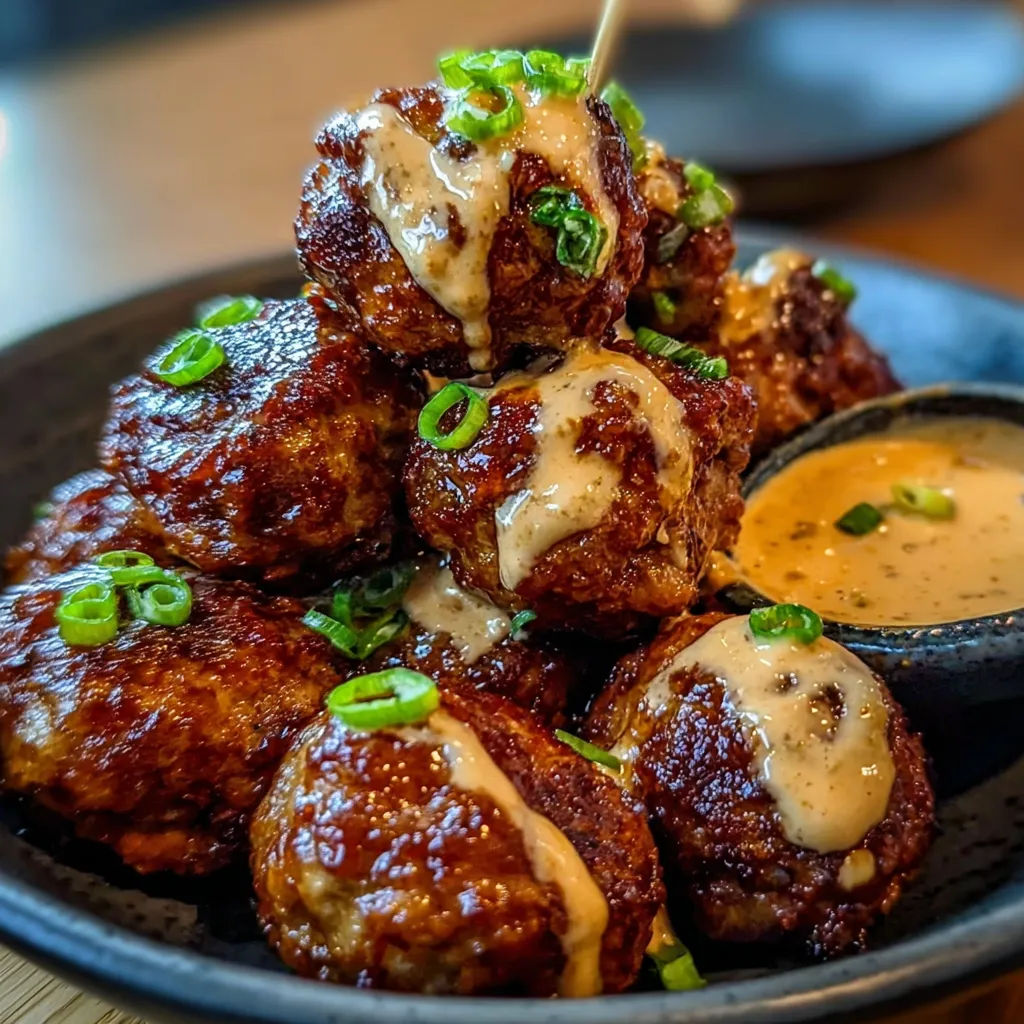 Korean BBQ Meatballs with Spicy Mayo Dip and Sesame Garlic Glaze - main view