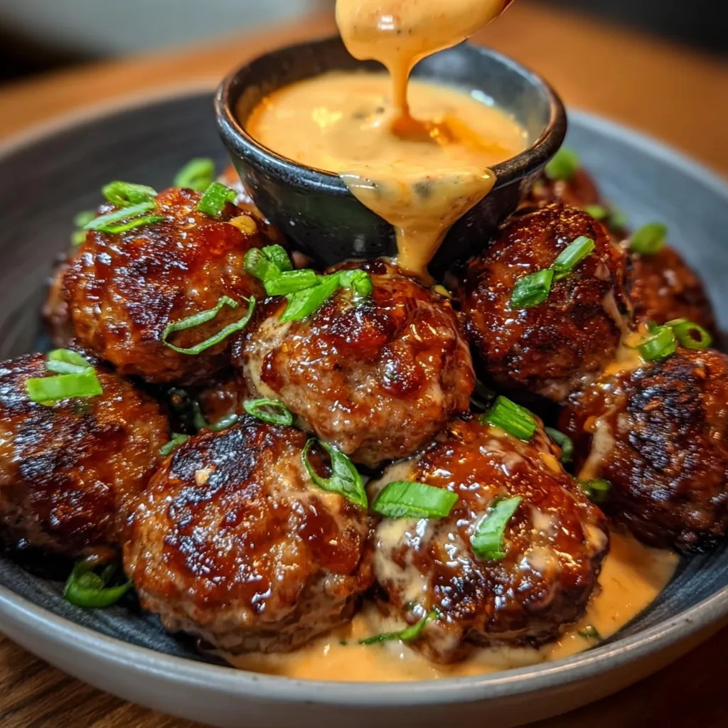 Korean BBQ Meatballs with Spicy Mayo Dip and Sesame Garlic Glaze - secondary view