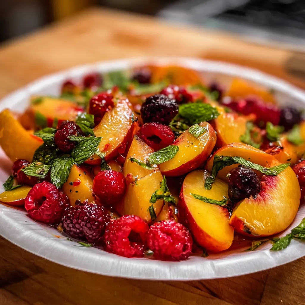 Fresh Summer Peach Fruit Salad with Honey Mint Dressing and Toasted Almonds