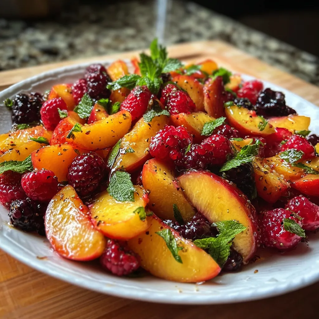 Fresh Summer Peach Fruit Salad with Honey Mint Dressing and Toasted Almonds - secondary view