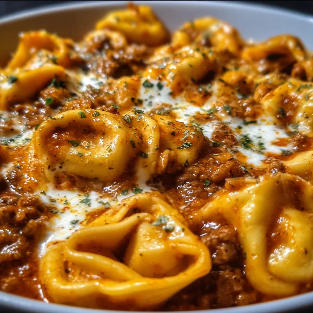 Ultimate Beef Enchilada Tortellini with Spicy Red Sauce and Melted Cheese