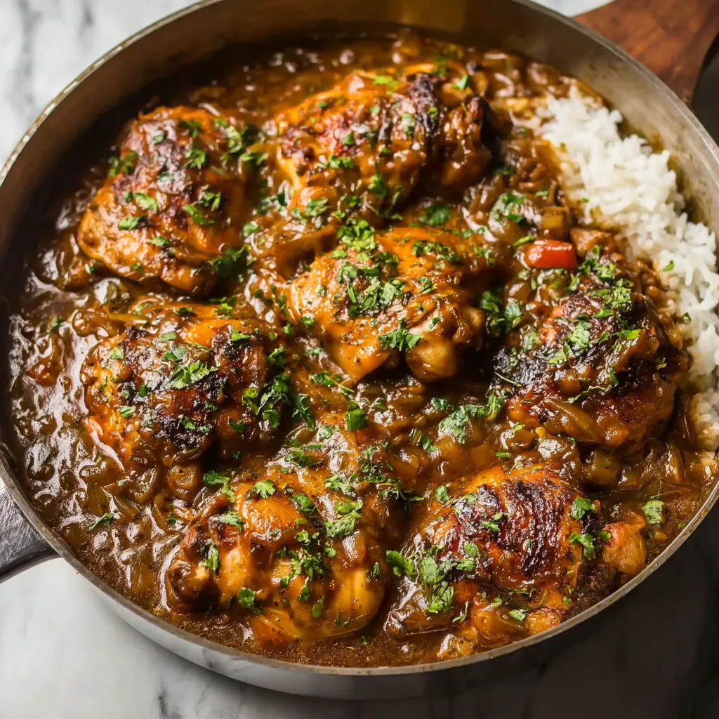Southern Style Smothered Chicken Thighs in Rich Caramelized Onion Gravy with Fresh Herbs - tertiary view
