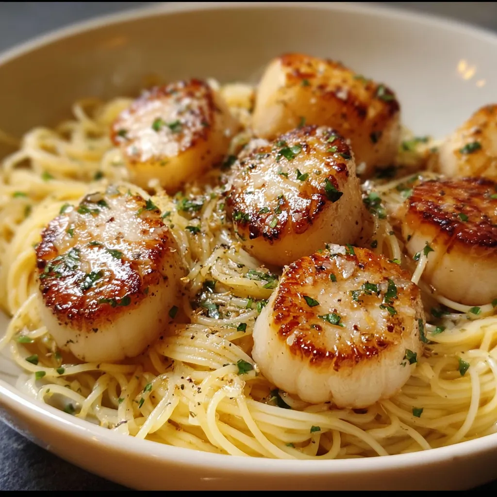 Pan-Seared Sea Scallops with Angel Hair Pasta in Garlic White Wine Sauce - secondary view