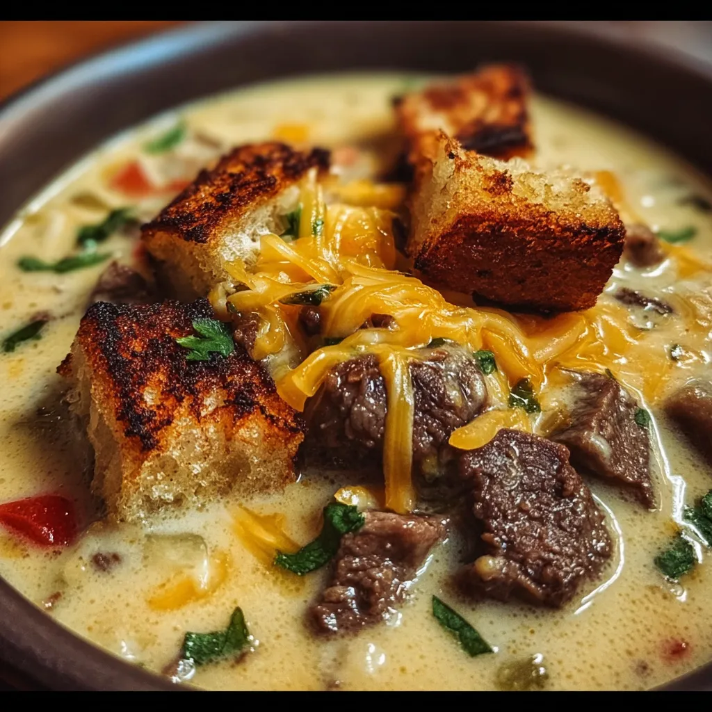 Ultimate One-Pot Philly Cheesesteak Soup with Bacon and Cheesy Toast - Perfect Comfort Bowl Experience