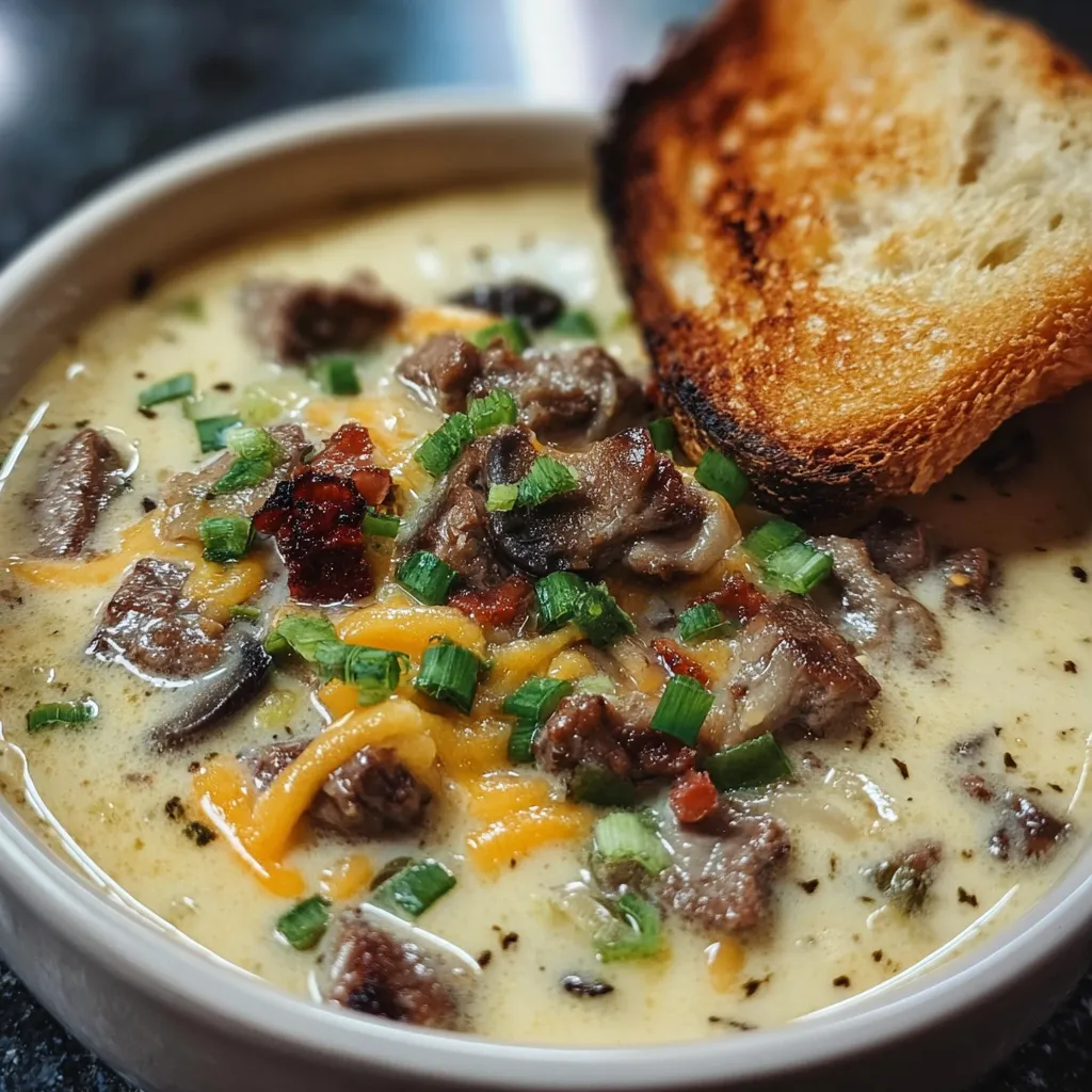 Ultimate One-Pot Philly Cheesesteak Soup with Bacon and Cheesy Toast - Perfect Comfort Bowl Experience - secondary view