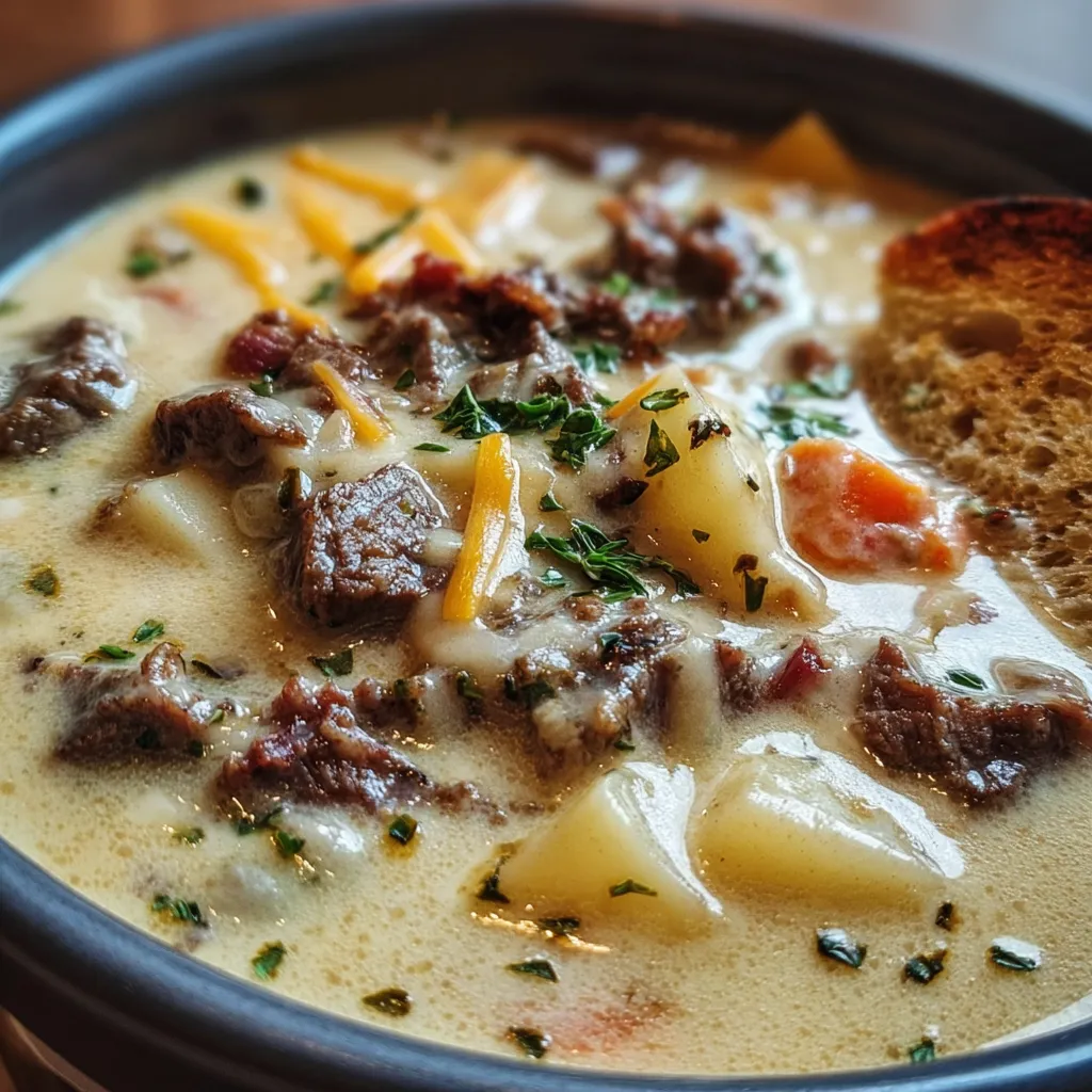 Ultimate One-Pot Philly Cheesesteak Soup with Bacon and Cheesy Toast - Perfect Comfort Bowl Experience - tertiary view