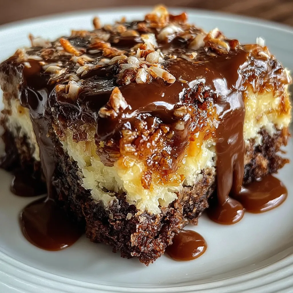 German Chocolate Poke Cake with Coconut Pecan Frosting and Caramel Drizzle - tertiary view
