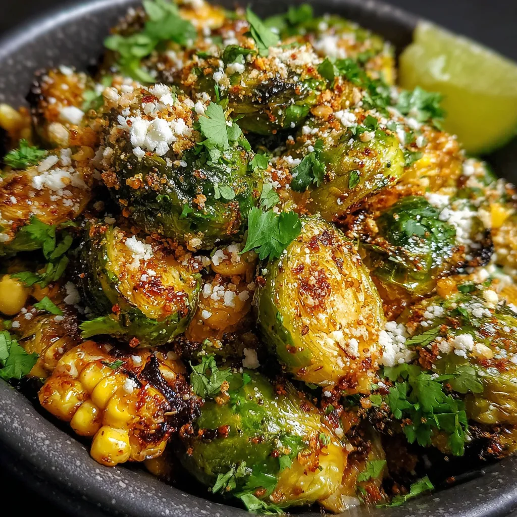 Mexican Street Corn Brussels Sprouts with Lime Crema and Cotija Cheese