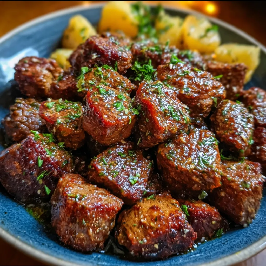High Protein Slow Cooker Garlic Butter Beef Bites with Tender Herbs