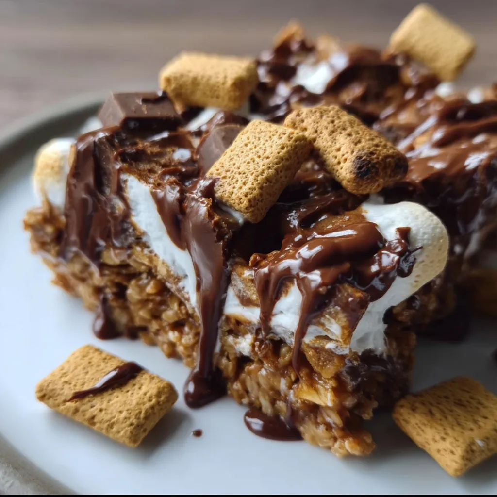 Golden Grahams S'mores Bars with Chocolate Chips and Toasted Marshmallows
