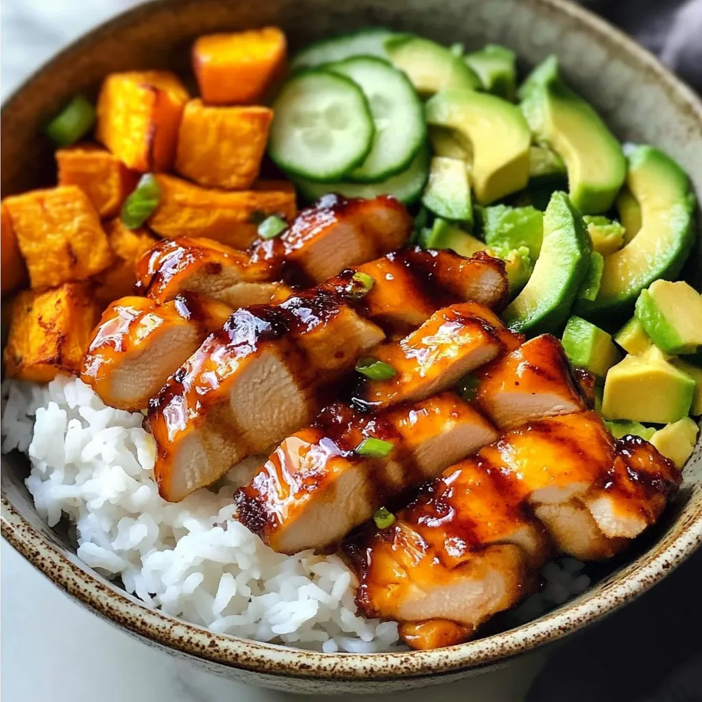 Hot Honey Glazed Chicken Bowls with Fresh Vegetables and Fluffy Rice - tertiary view