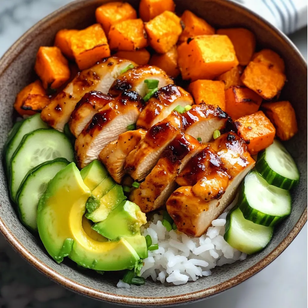 Hot Honey Glazed Chicken Bowls with Fresh Vegetables and Fluffy Rice - secondary view