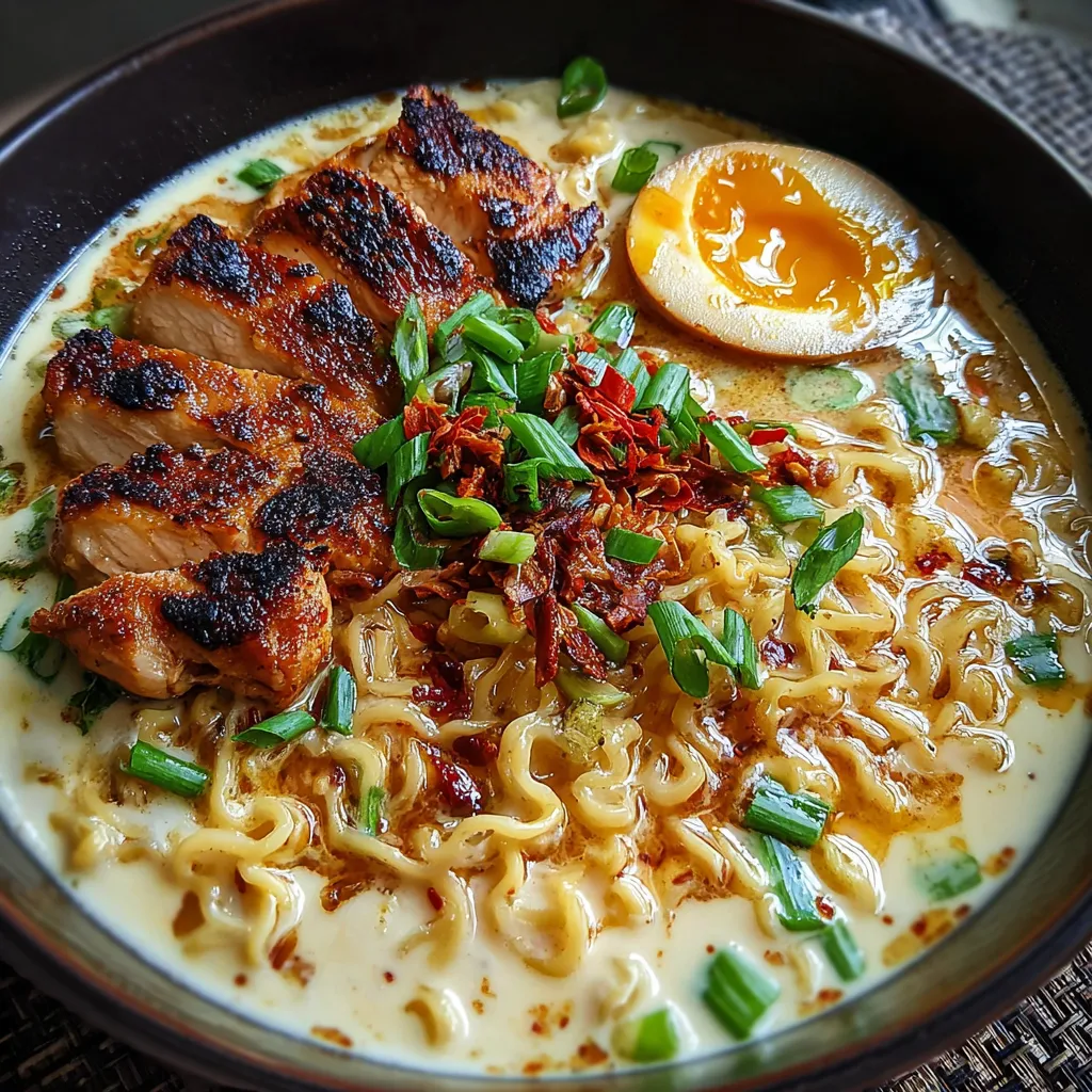 Fiery Chicken Ramen with Creamy Garlic Sauce and Fresh Vegetables