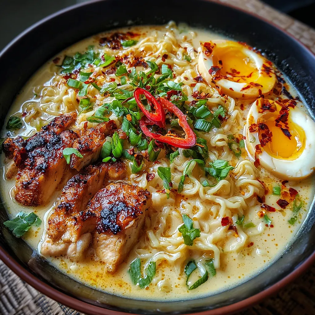 Fiery Chicken Ramen with Creamy Garlic Sauce and Fresh Vegetables - tertiary view