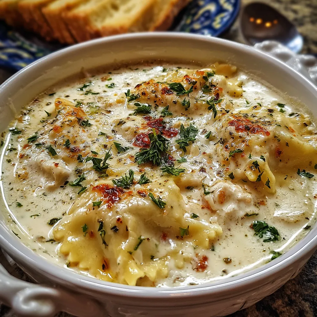 Creamy White Lasagna Soup with Italian Sausage and Three Cheeses - main view