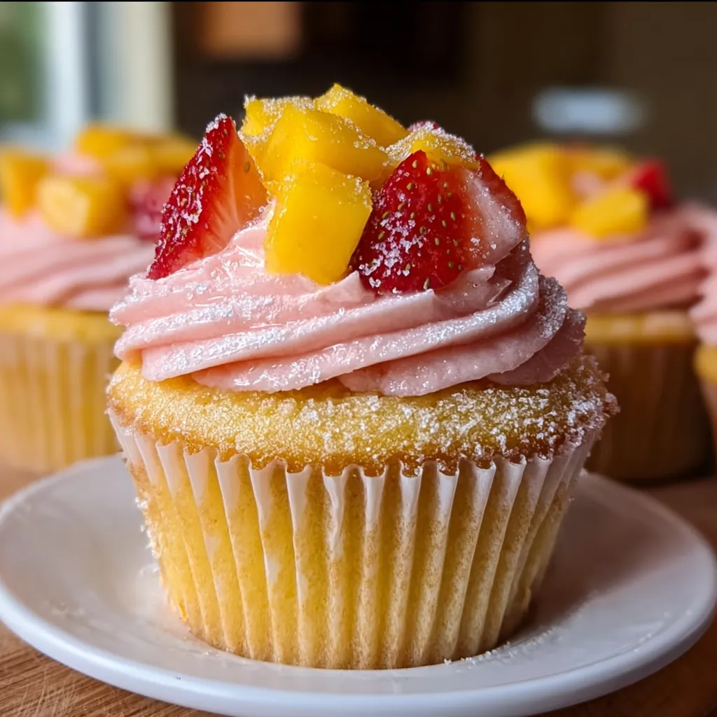 Tropical Strawberry Mango Cupcakes with Fresh Fruit Buttercream and Coconut Flakes
