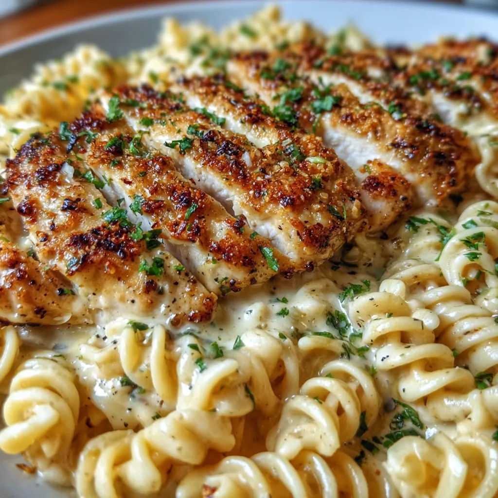 Creamy Garlic Parmesan Chicken with Cheesy Twisted Pasta and Rich Herb Sauce