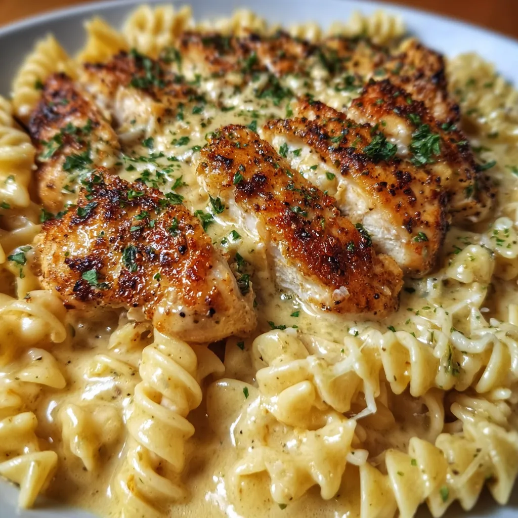 Creamy Garlic Parmesan Chicken with Cheesy Twisted Pasta and Rich Herb Sauce - tertiary view