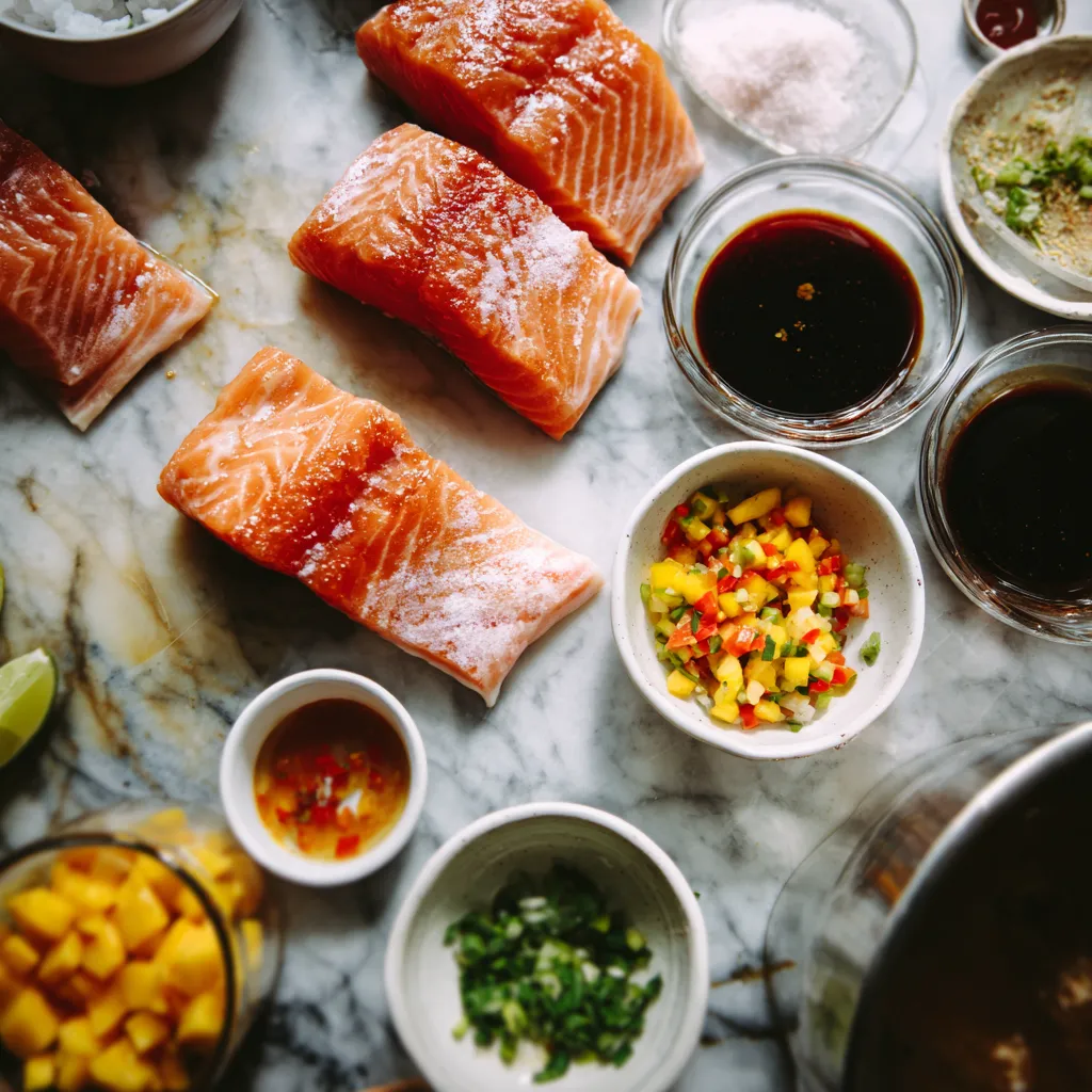 Mango Glazed Salmon with Asian Sticky Sauce and Fresh Mango Salsa Over Jasmine Rice