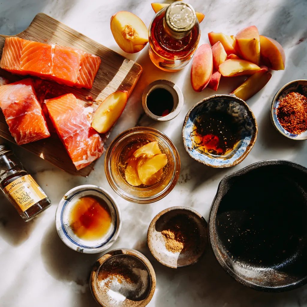 Honey Balsamic Glazed Salmon Fillets with Caramelized Peaches and Fresh Thyme