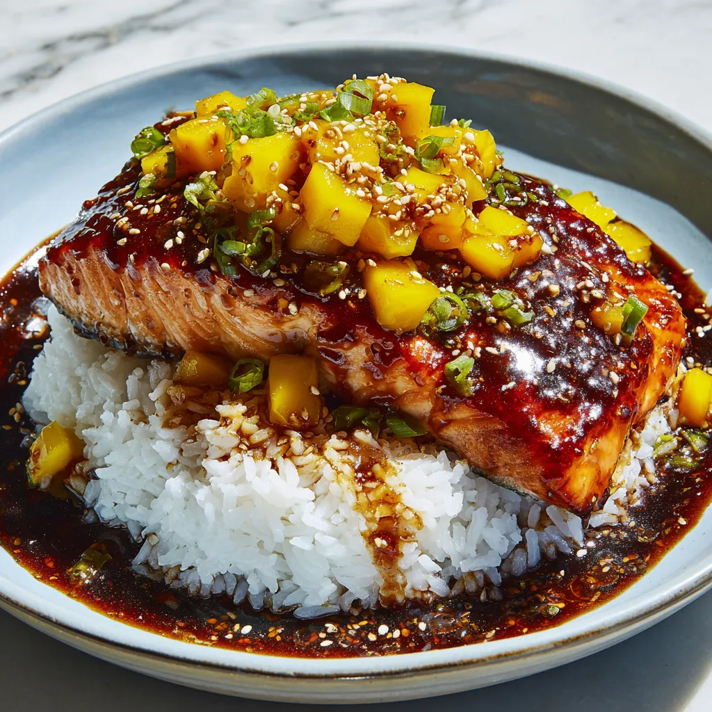 Mango Glazed Salmon with Asian Sticky Sauce and Fresh Mango Salsa Over Jasmine Rice - secondary view