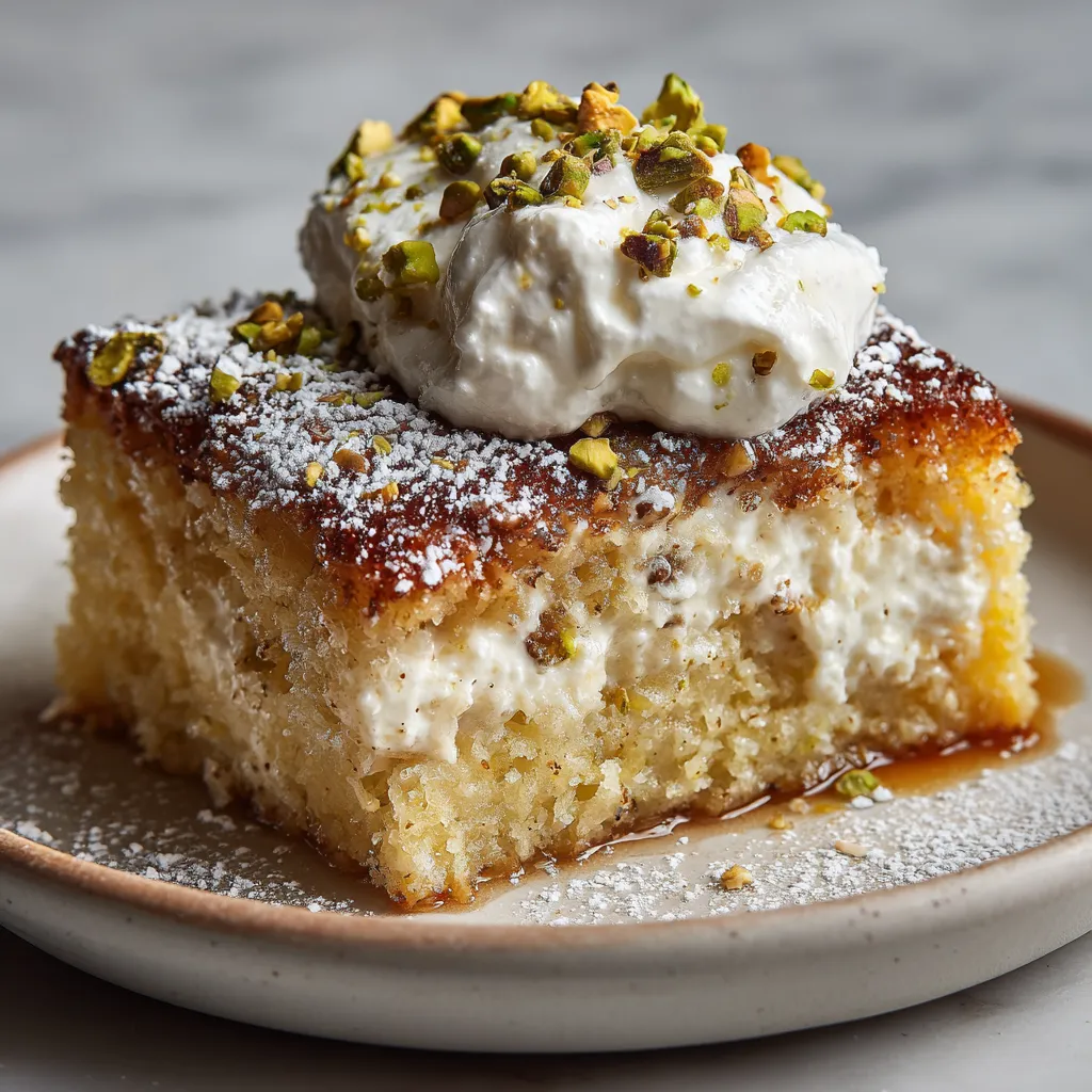 Turkish Pistachio Cream Revani Cake with Orange Blossom Syrup and Whipped Mascarpone Topping - secondary view