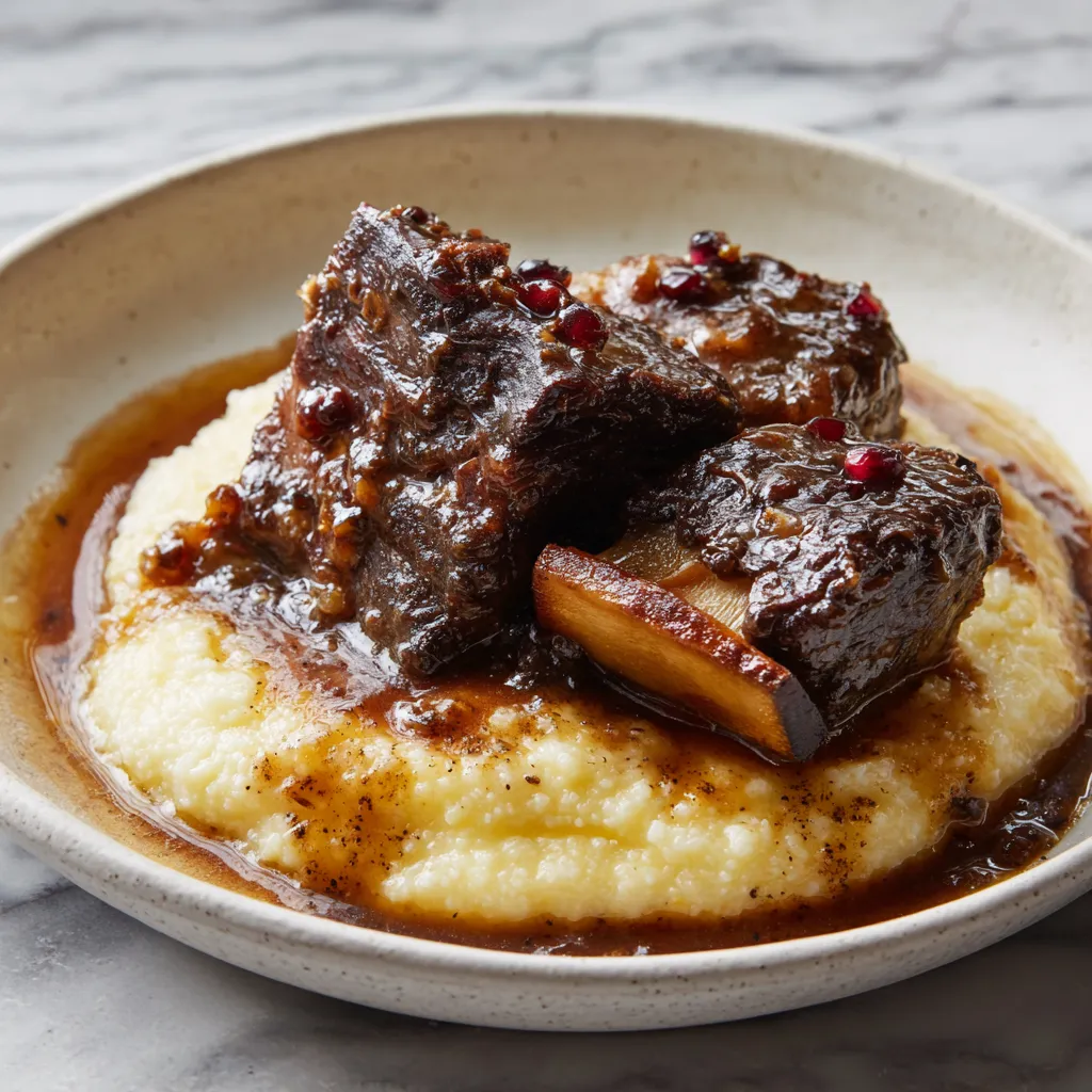 Pomegranate Glazed Beef Short Ribs with Creamy Parmesan Polenta and Fresh Herb Garnish - secondary view
