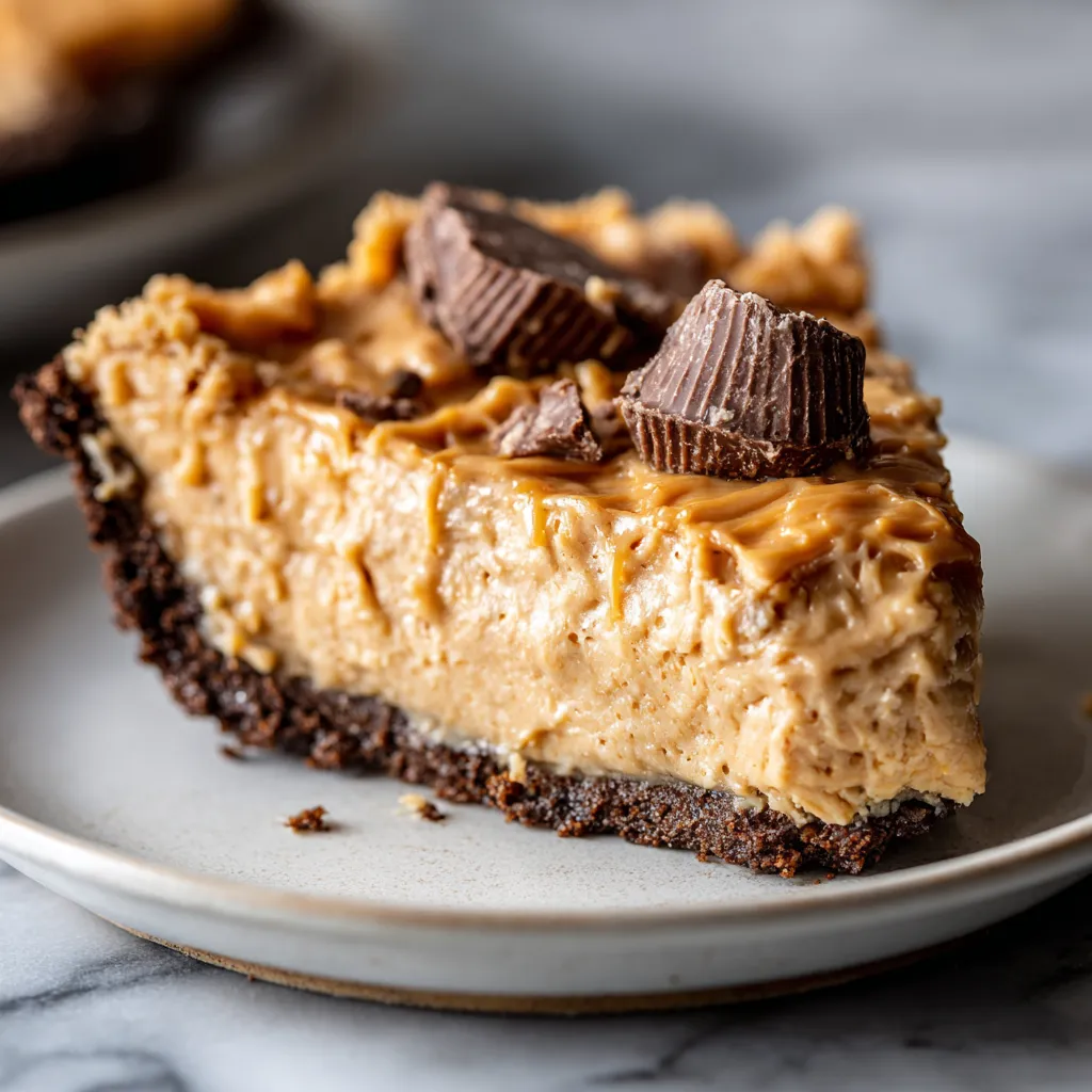 No-Bake Peanut Butter Chocolate Cheesecake with Caramel Drizzle and Peanut Butter Cup Topping - tertiary view