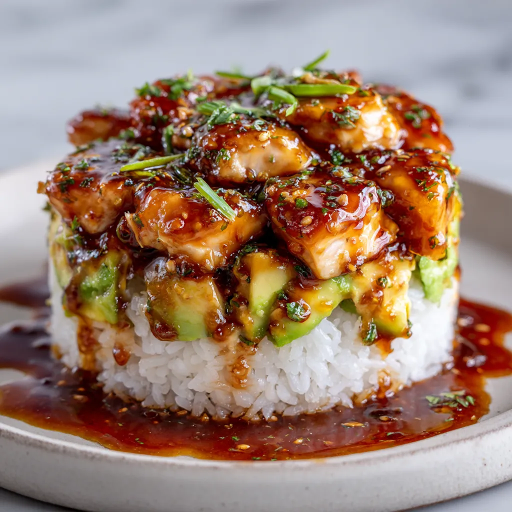 Honey Lime Glazed Chicken and Avocado Rice Stack with Cilantro and Caramelized Onions - secondary view