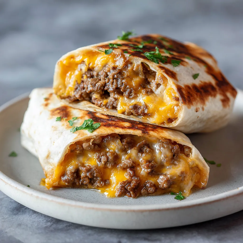 Ultimate Loaded Cheeseburger Burrito with Melted Cheddar, Seasoned Beef, and Caramelized Onions - Restaurant-Style at Home