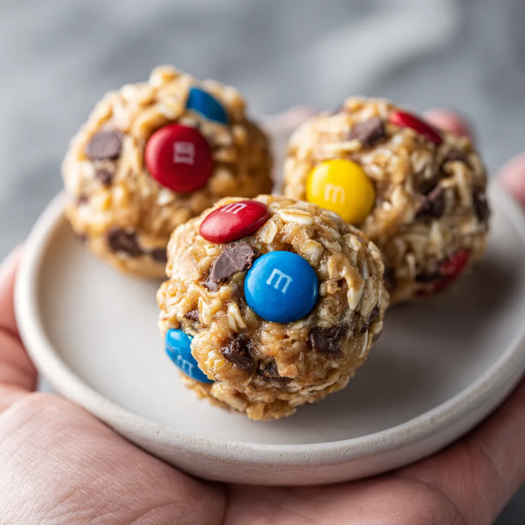 No-Bake Monster Cookie Energy Balls with Peanut Butter Oats Chocolate Chips and Colorful Candy