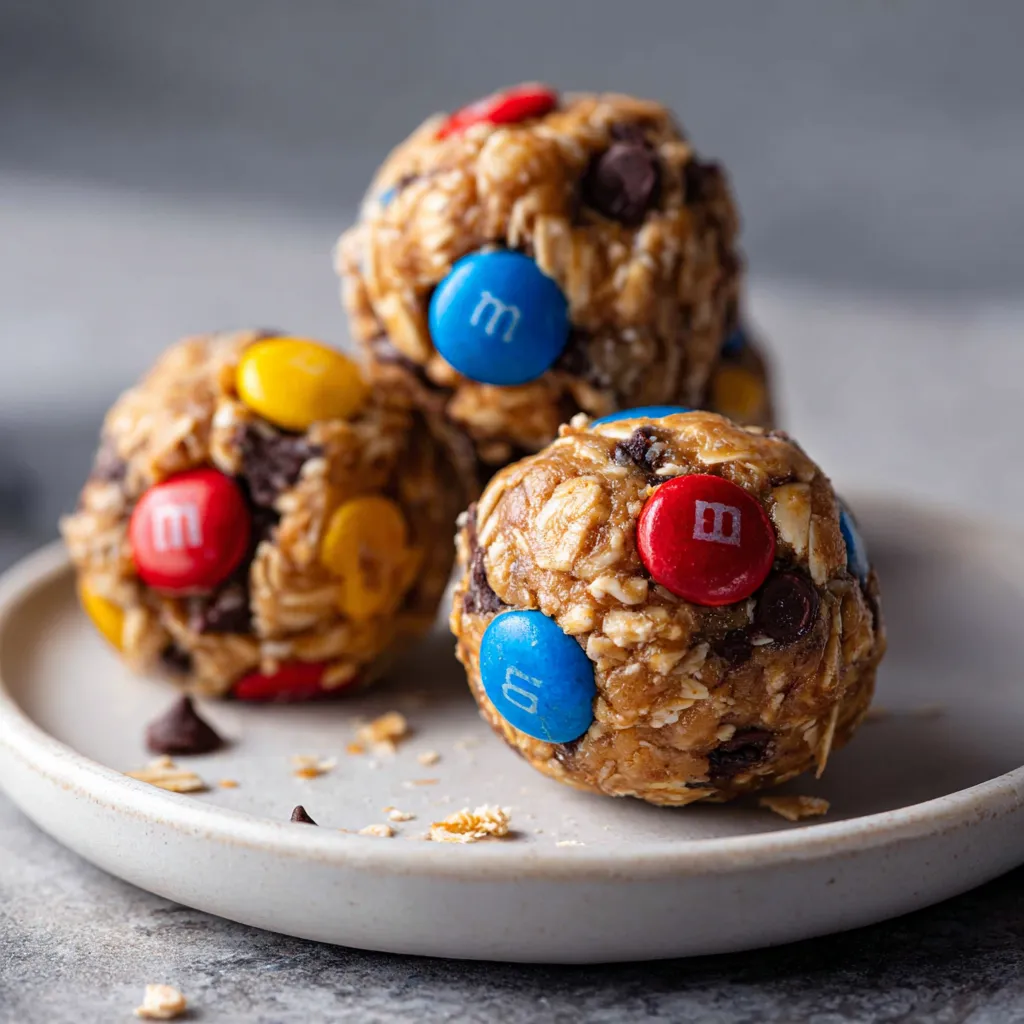 No-Bake Monster Cookie Energy Balls with Peanut Butter Oats Chocolate Chips and Colorful Candy - secondary view