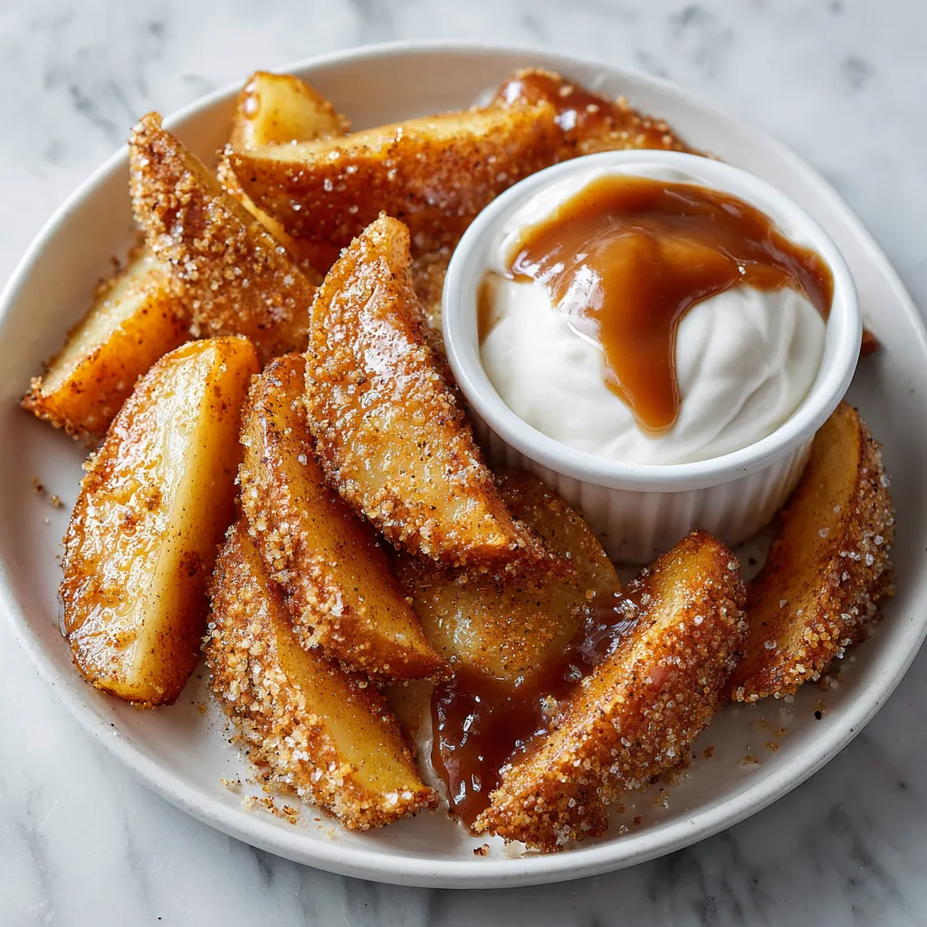 Crispy Air Fried Apple Wedges with Cinnamon Sugar and Decadent Caramel Whipped Cream Dipping Sauce - secondary view