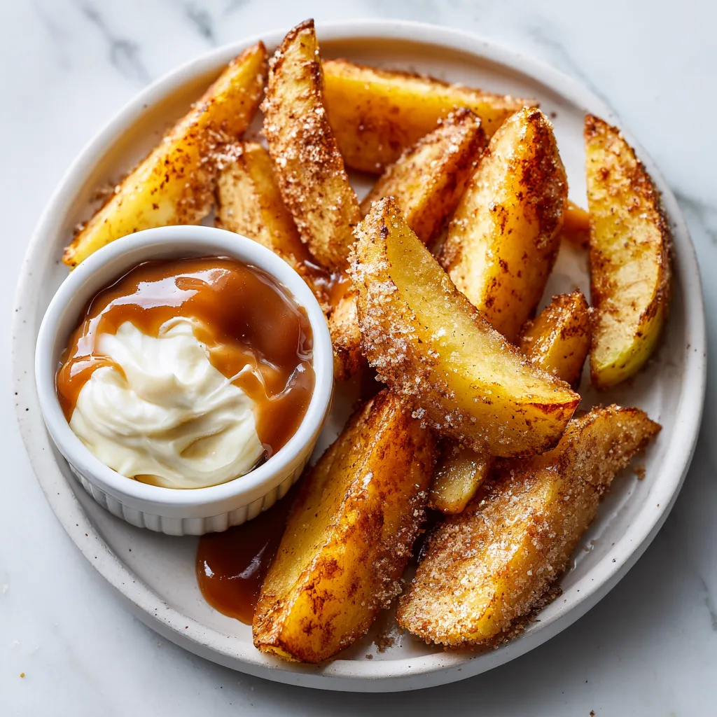 Crispy Air Fried Apple Wedges with Cinnamon Sugar and Decadent Caramel Whipped Cream Dipping Sauce