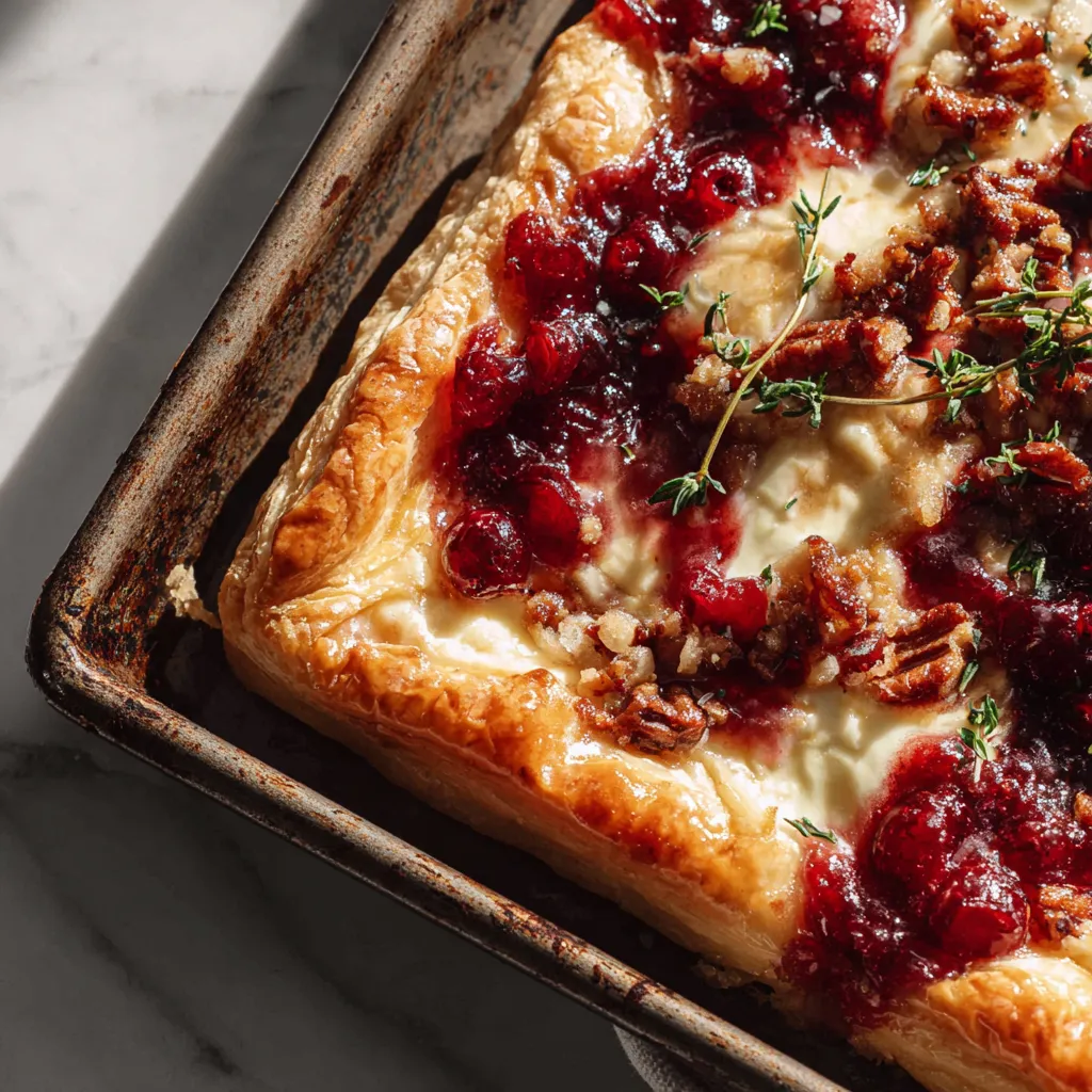 Elegant Cranberry Brie Puff Pastry Tart with Candied Pecans Fresh Thyme and Honey Drizzle