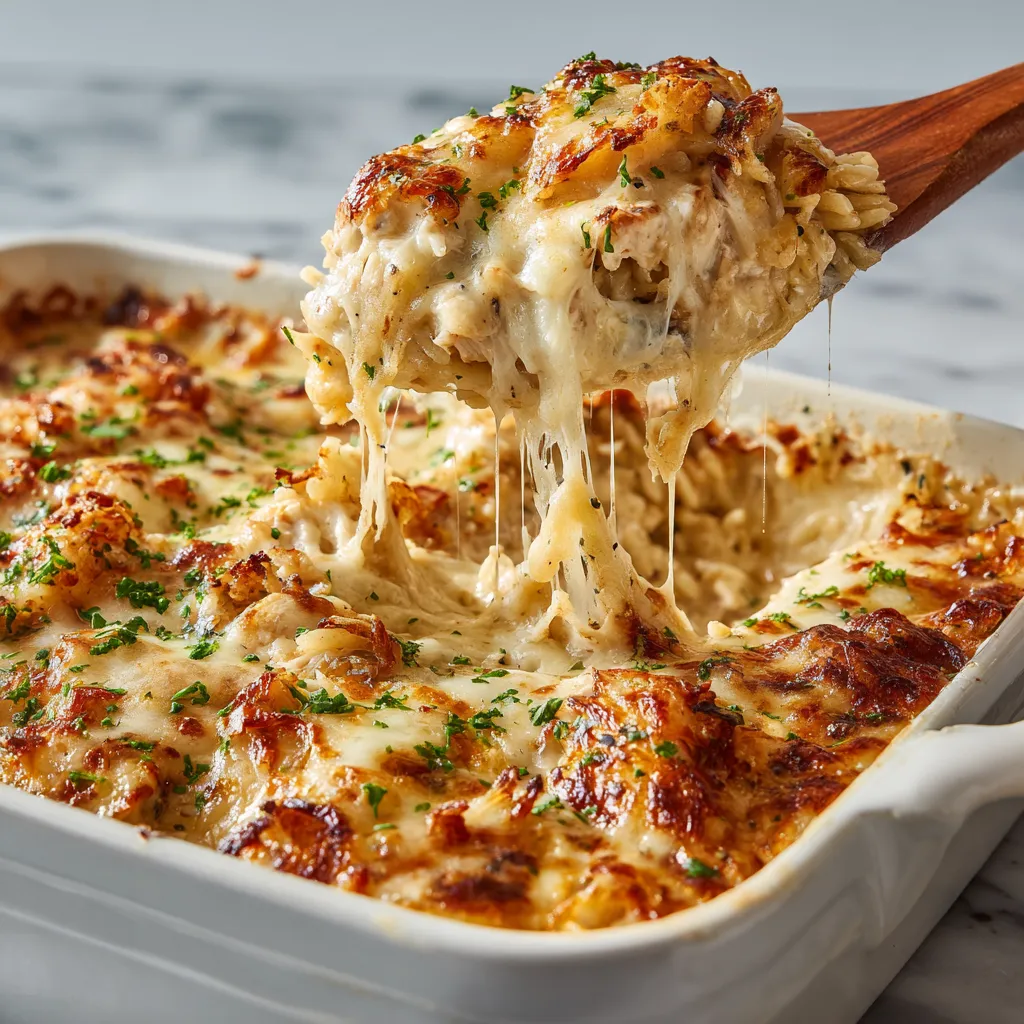 Ultimate Creamy Baked Chicken and Rice Casserole with Three Cheese Blend and Garlic Herb Seasoning