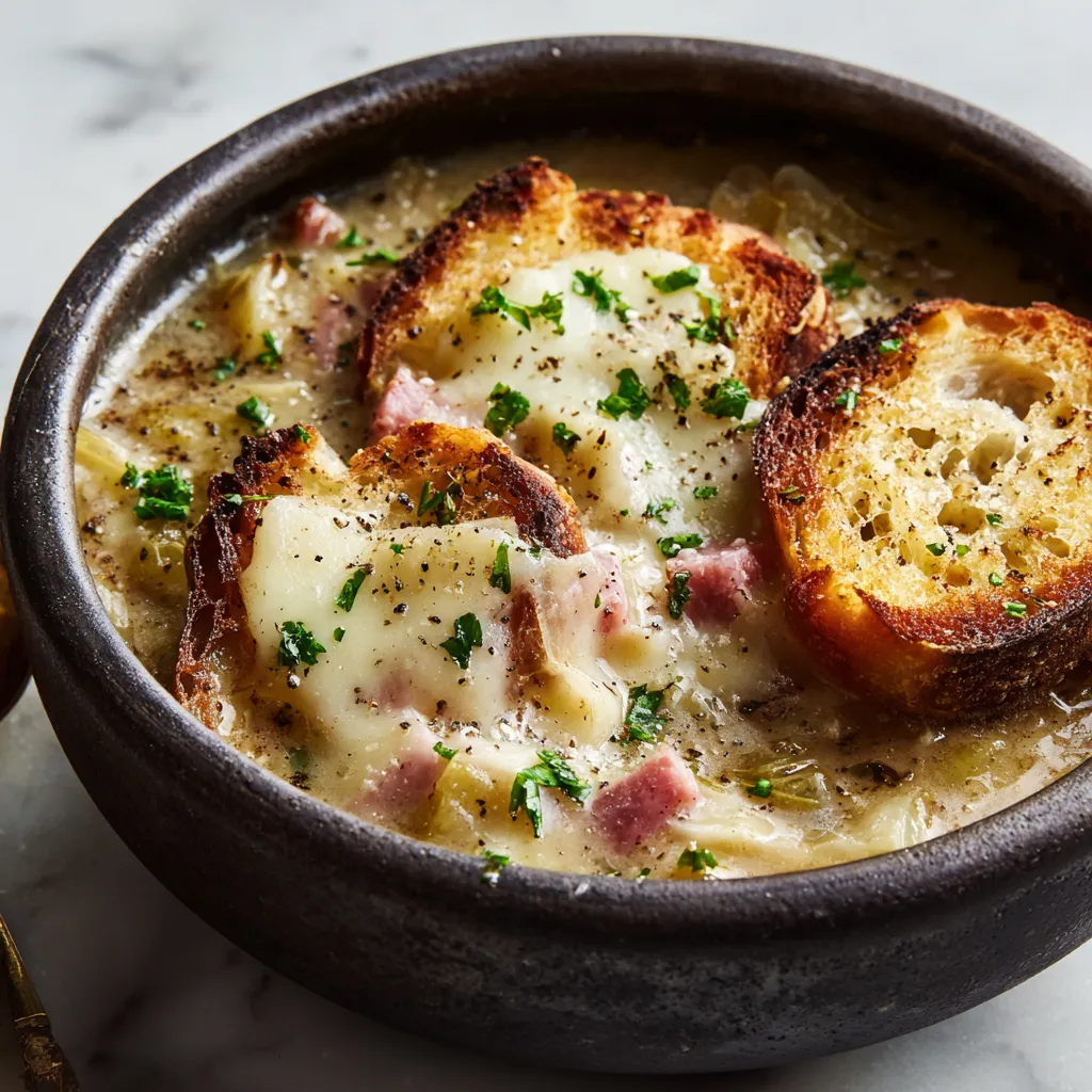 Creamy Potato Bacon Soup with Crispy Garlic Toast and Fresh Herb Garnish