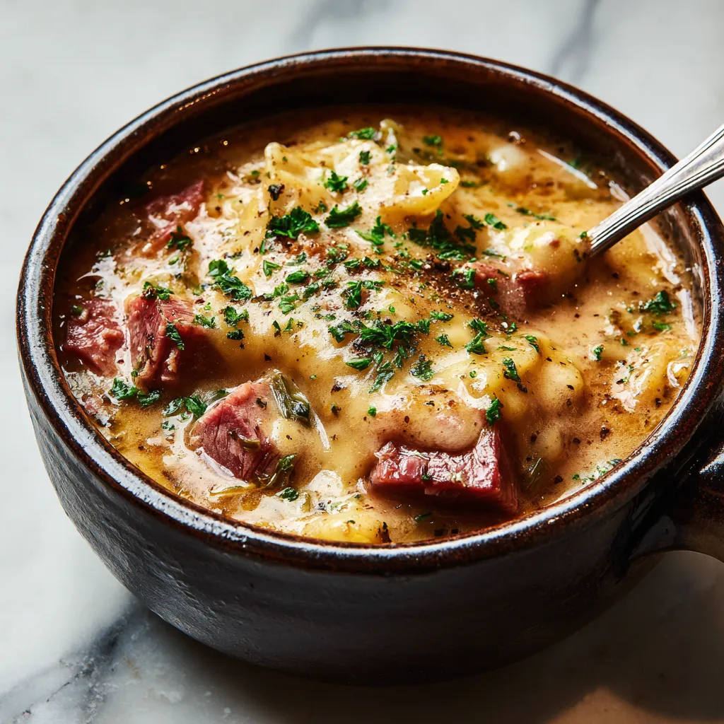 Creamy Potato Bacon Soup with Crispy Garlic Toast and Fresh Herb Garnish - secondary view