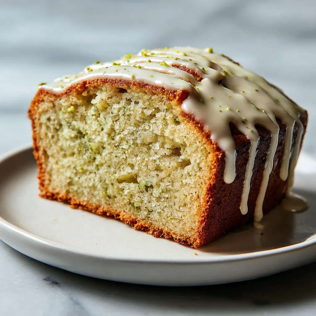 Moist Pistachio Lemon Loaf Cake with Creamy Vanilla Glaze and Crushed Pistachio Topping - secondary view