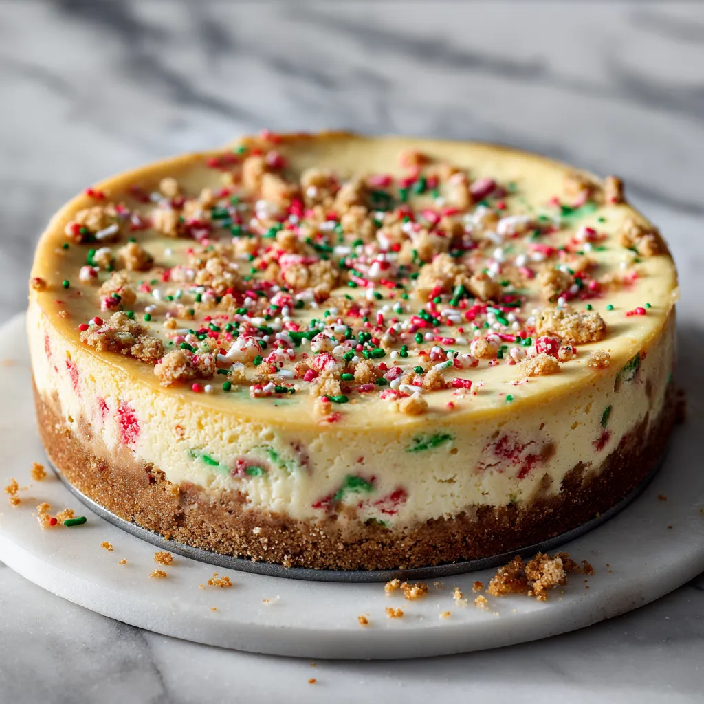 Ultimate Festive Christmas Sugar Cookie Cheesecake with Colorful Sprinkles and Homemade Cookie Crust