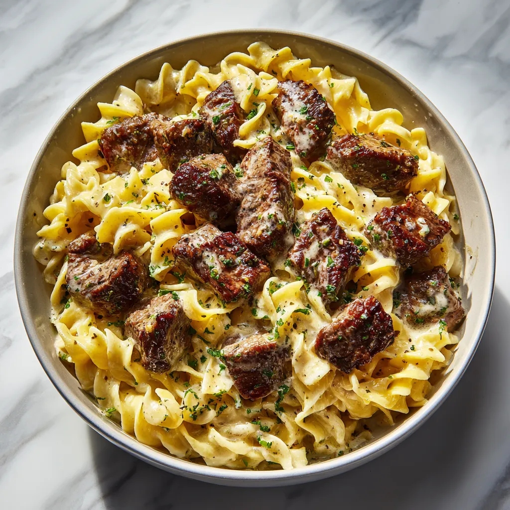 Garlic Butter Steak Bites with Creamy Parmesan Pasta - Restaurant Quality Easy Weeknight Dinner Recipe - secondary view