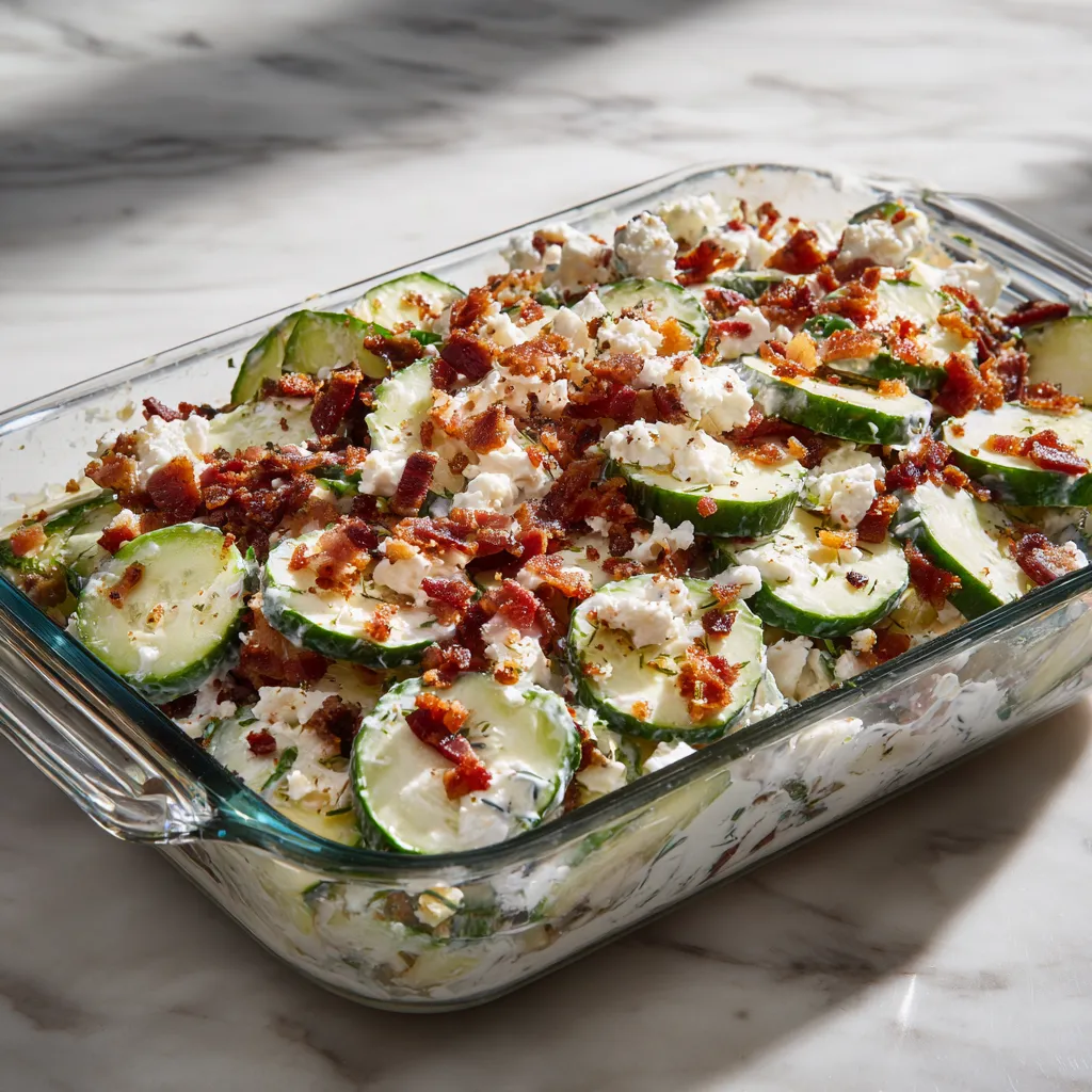 Creamy Cucumber Bacon Ranch Salad with Sharp Cheddar Cheese and Fresh Dill - secondary view