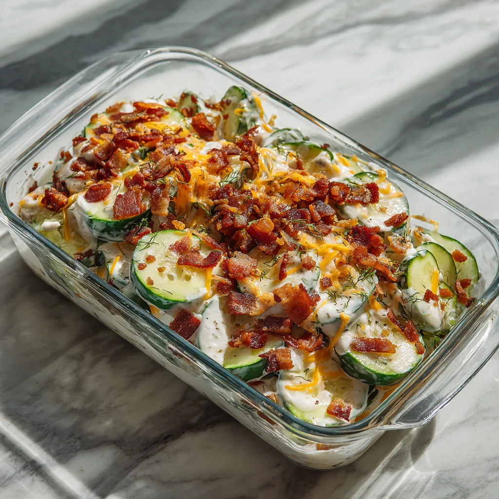 Creamy Cucumber Bacon Ranch Salad with Sharp Cheddar Cheese and Fresh Dill - main view