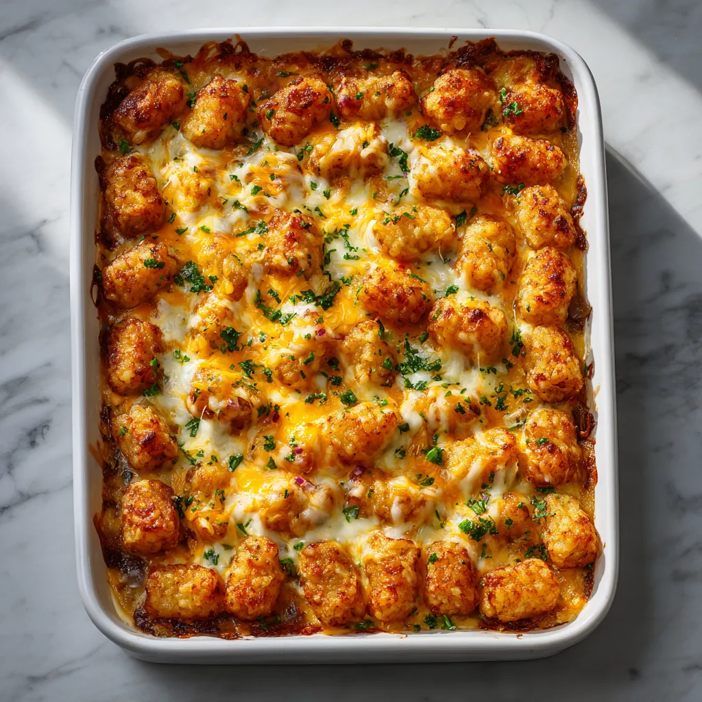 Ultimate Loaded Tater Tot Casserole with Seasoned Beef, Three Cheeses, and Crispy Golden Tater Tots