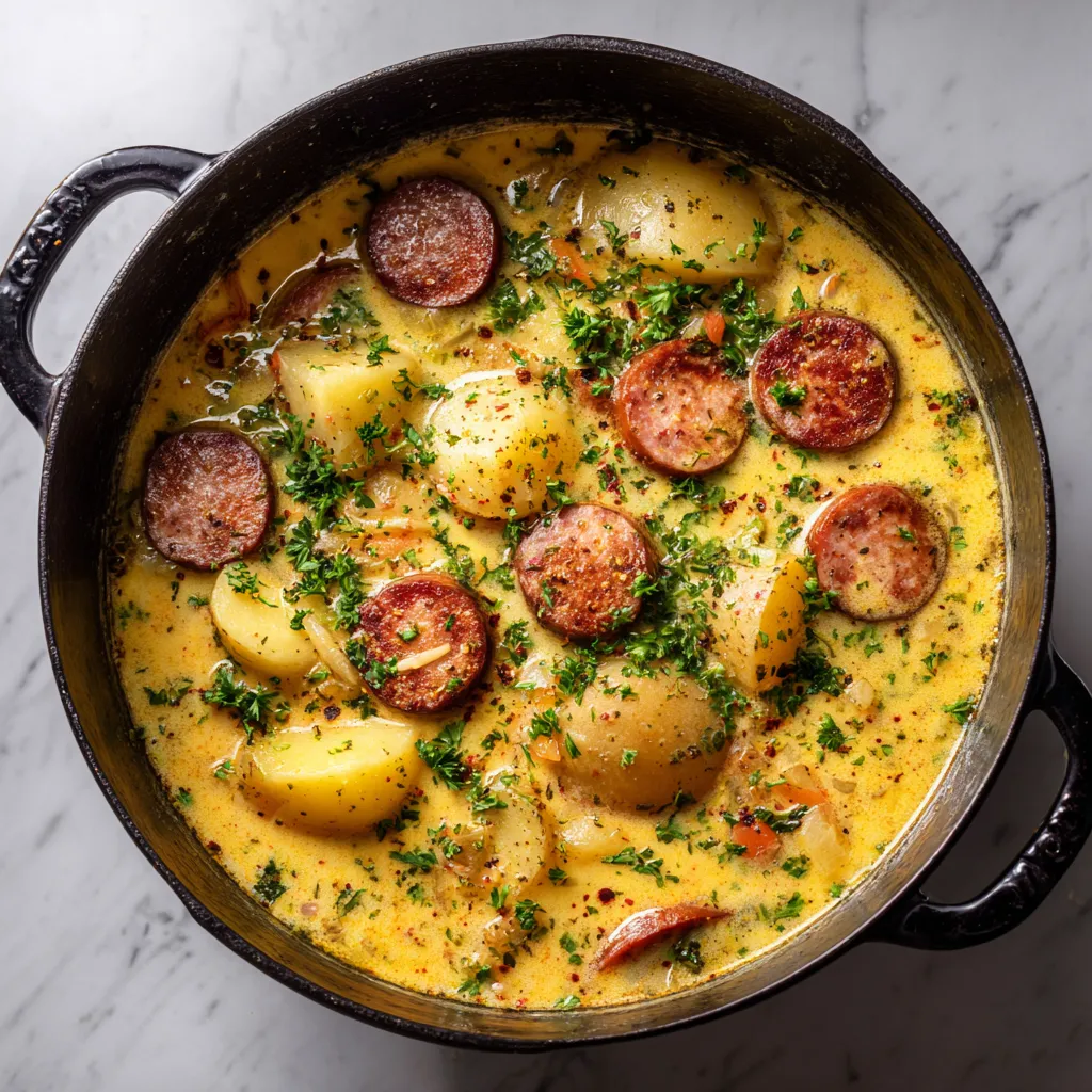 Creamy Cajun Potato Soup with Spicy Sausage and Golden Tender Potatoes in Rich Seasoned Broth